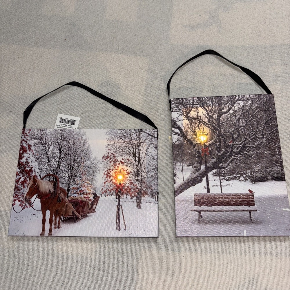 Winter Scene Park Landscape  Holiday 2Pc Canvas Pictures‎ Light Up 8"x6"
